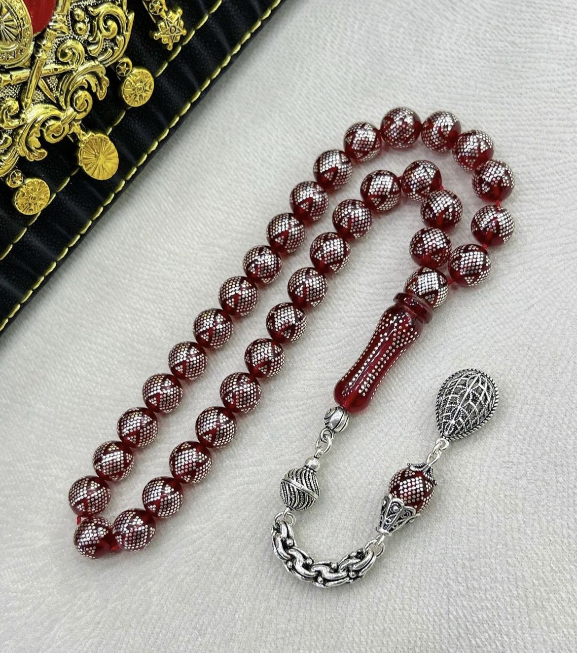 GÜMÜŞ İŞLEME KÜRE KESİM ATEŞ KEHRİBAR TESBİH