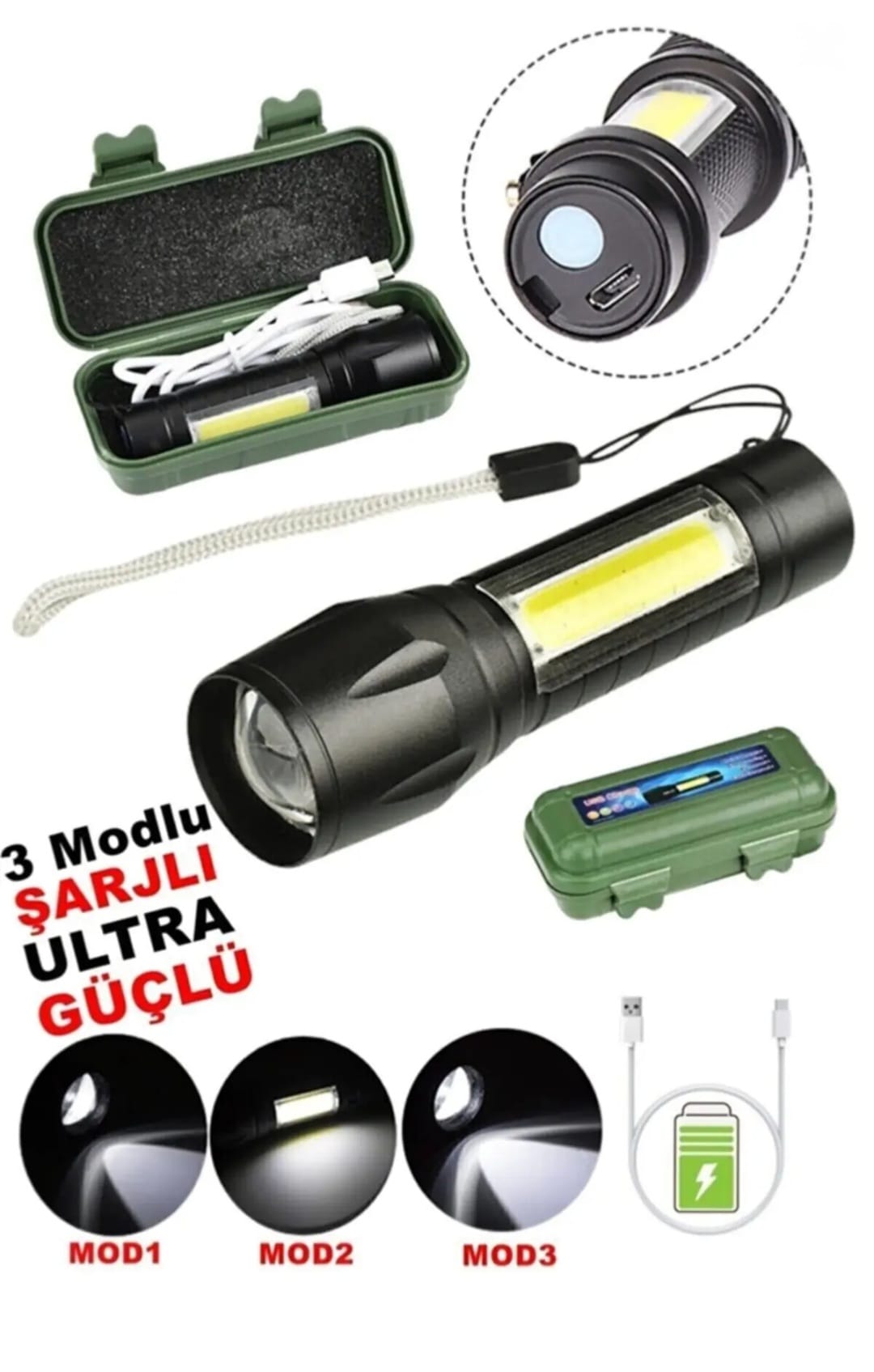 Usb Şarjlı Zoomlu Mini El Feneri 